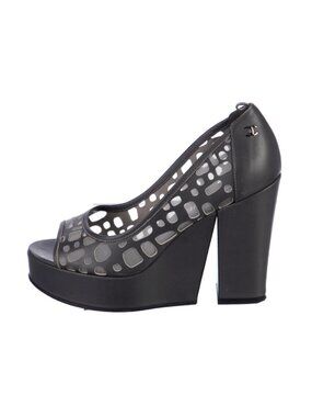CHANEL Openwork Wedge Black Leather CC Logo Sandals
